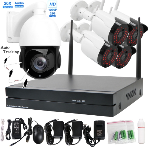 32G 20X Zoom 1080p PTZ Auto Tracking Security Camera System 4Pcs 1080p Wireless Camera 8CH NVR Kit